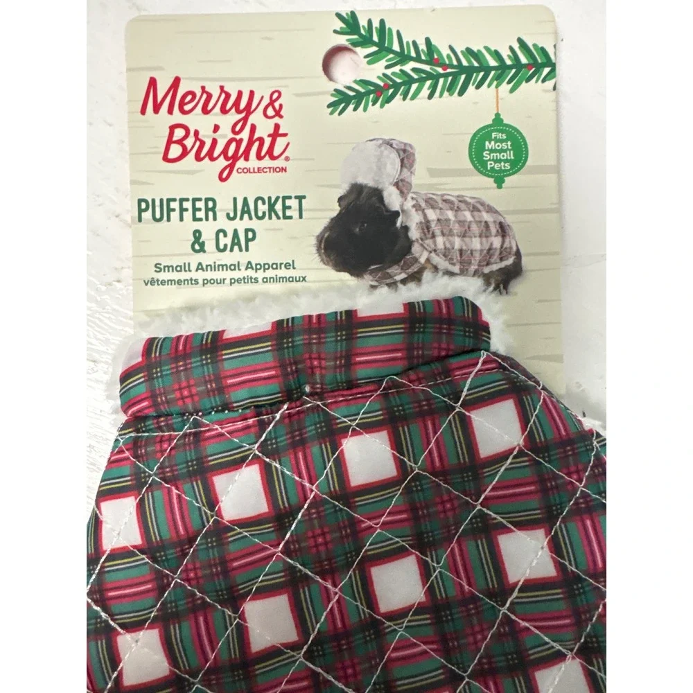 Merry & Bright Small Pet Puffer Jacket & Cap‎ Christmas Holiday Plaid Outfit